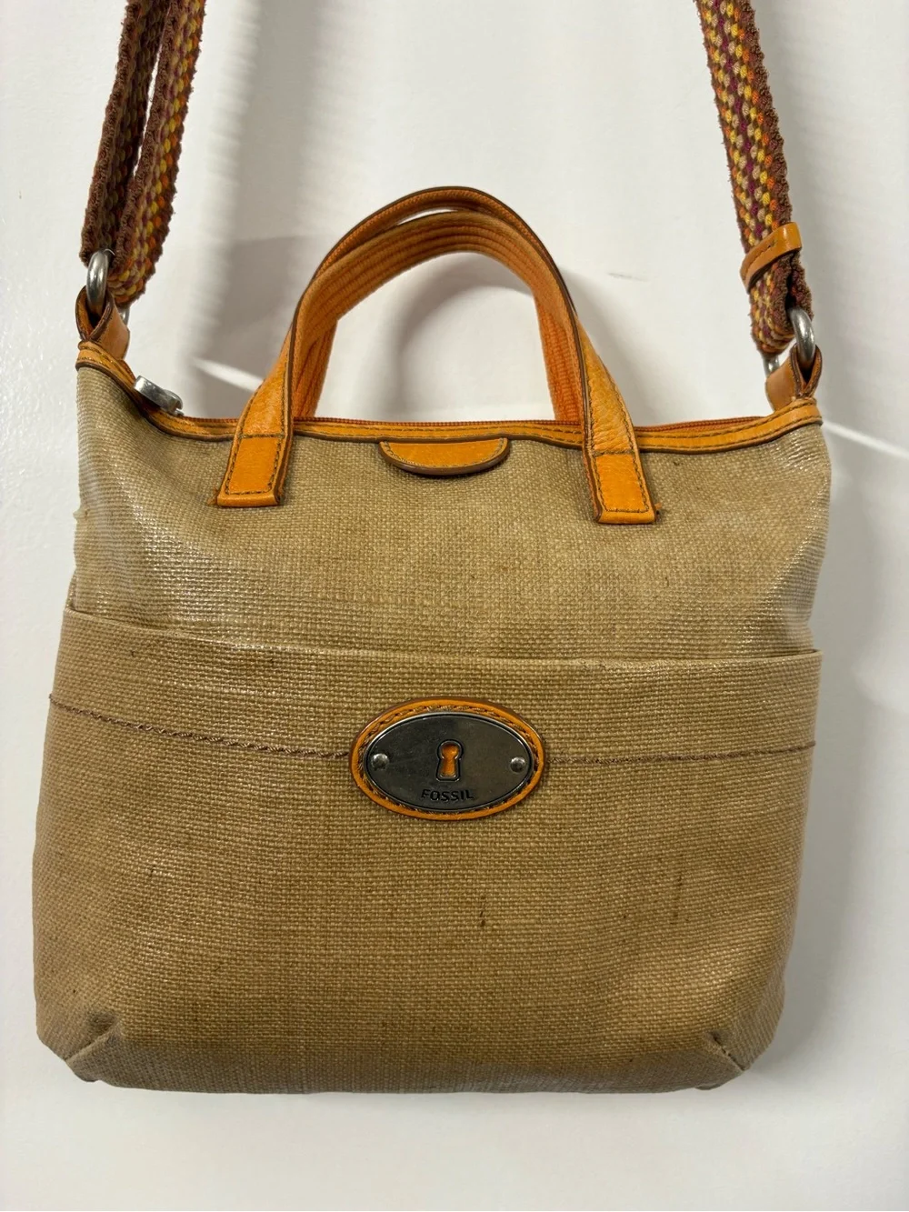 Fossil Tan Canvas Tote with Leather Trim and Multicolor Woven Strap